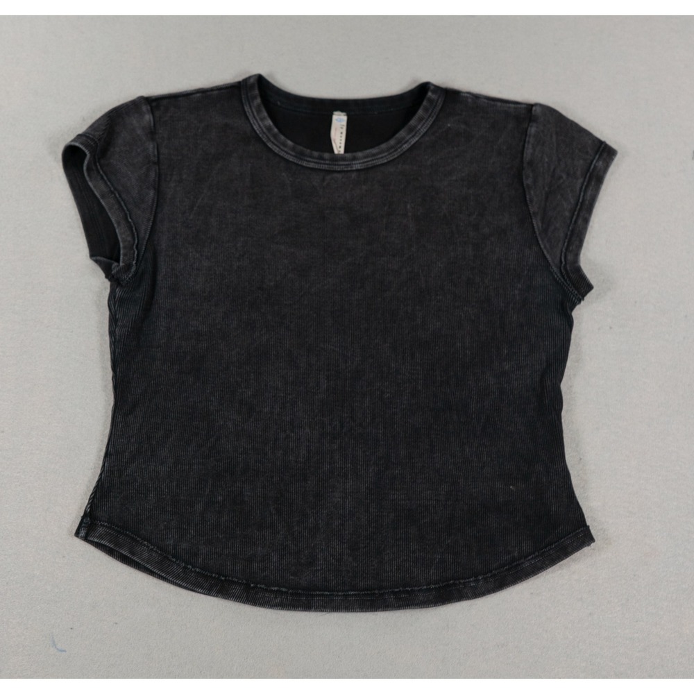 FP Movement Womens Ribbed Acid Wash Short Sleeve Curved Hem Top Black Large